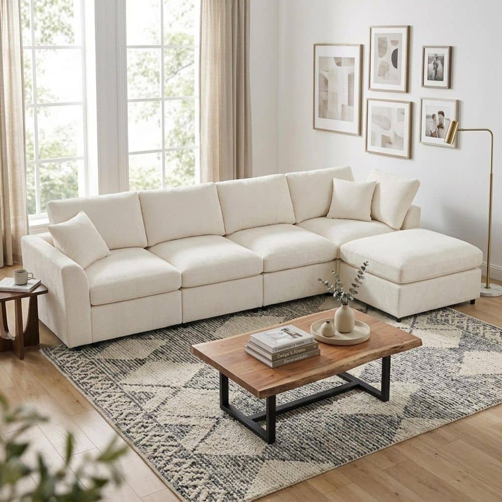 Modern 130.3 in. Chenille Upholstered L-Shaped 5-Seater Sectional Sofa in Beige with Ottoman and Pillows price history on PriceWatchPro