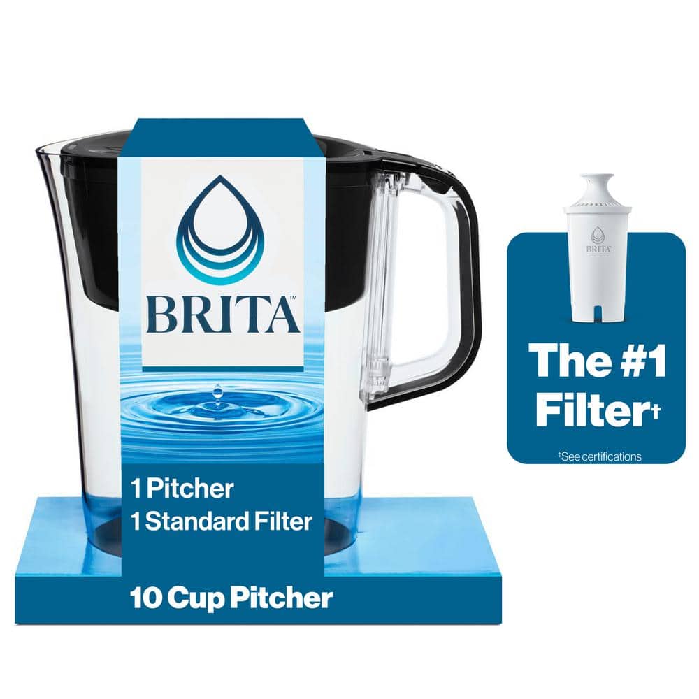 Large Black BPA-Free 10-Cup Water Filter Pitcher with Standard Filter