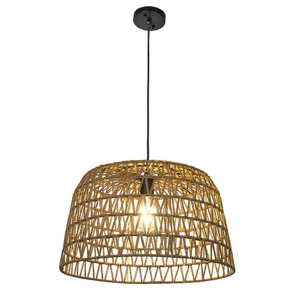 Storied Home 40-Watt 1-Light Brown Open Weave Pendant Light Metal and Paper Rope Shade, No Bulbs Included