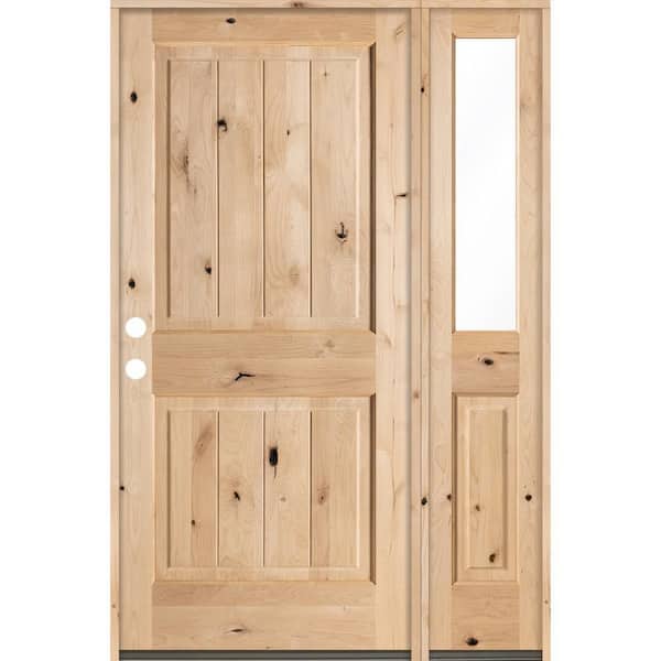 Krosswood Doors 56 in. x 80 in. Rustic Alder Square Top Right-Hand/Inswing Clear Glass Unfinished Wood Prehung Front Door with RFSL