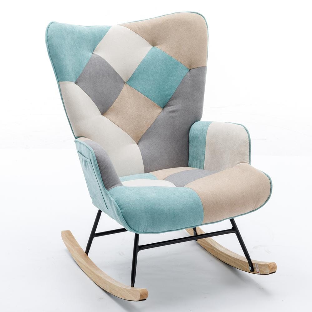 Green Modern Patchwork Accent Wood Outdoor Rocking Chair with Solid and Fee