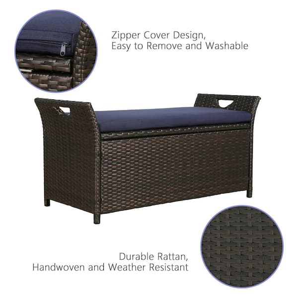 40 Gal Rattan Outdoor Storage Bench, Rattan Outdoor Bench With Cushions