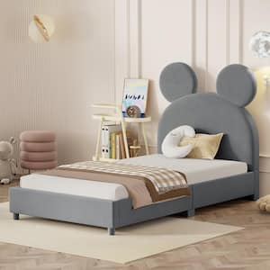 Gray Twin Size Velvet Upholstered Platform Bed, Kids Bed with Bear Ear Shaped Headboard