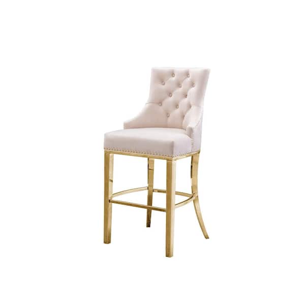 Best Quality Furniture Alberto 29 in. H Cream Velvet Fabric Full Back Metal Frame Barstool With Gold Stainless Steel Legs (Set of 1)