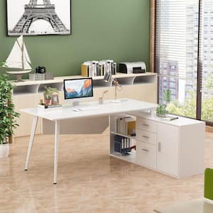 63 in. W-28.7 in. H White Writing Desk with 3-Drawers, 1-Storage Cabinet and 2-Adjustable Shelves