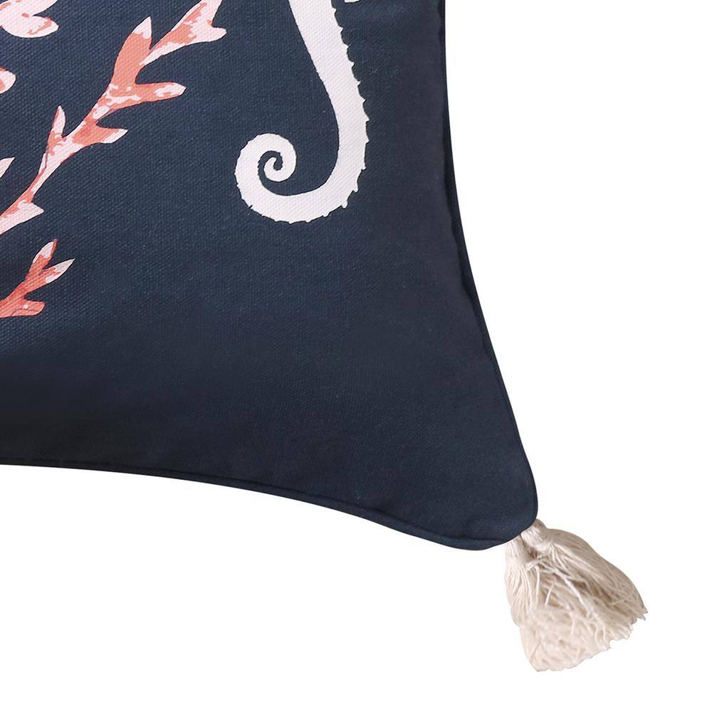 Navy Coral Embroidered Seahorse and Coral Square Pillow