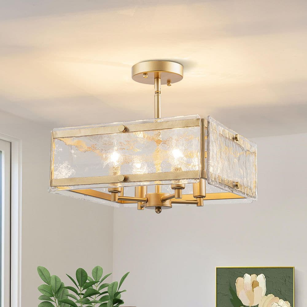 14.57 in. 4-Light Gold Modern Transitional Textured Glass Semi-Flush Mount 