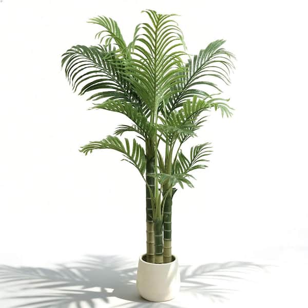 Vitalismo 4 ft. Artificial Palm Tree with White Planter Fake Plants 3-Stemmed Fake Tropical Palm Tree for Indoor Outdoor Decor
