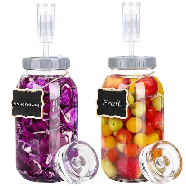 2-Pack Clear Glass 64 oz. Fermentation Jar Kit with Fermenting Weights Airlock Lids Scale Mark for Making and Storing