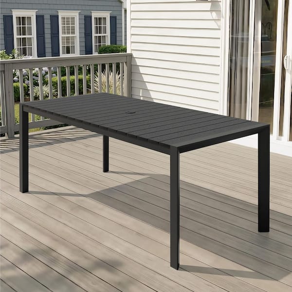 composite patio table with umbrella hole Crestlive Products 71.4 in. Aluminum Outdoor Dining Table with Wood-Plastic  Composite Tabletop in Black 1.63 in. Umbrella Hole for Patio  CL-TB062BLK-180