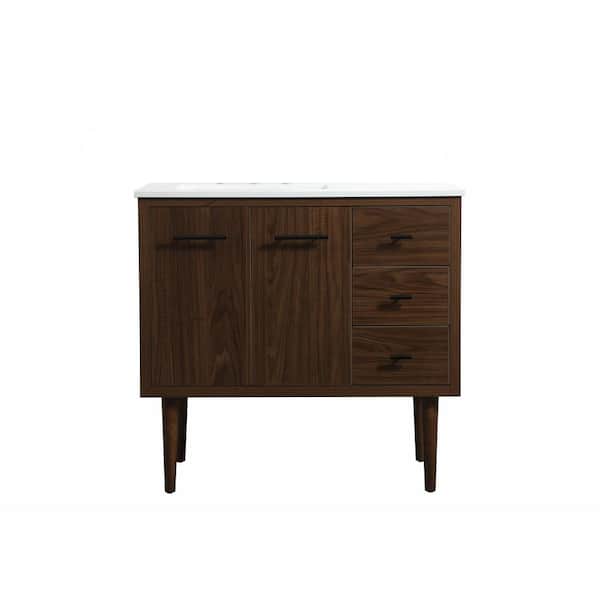 Unbranded Simply Living 36 in. W x 22 in. D x 33.5 in. H Bath Vanity in Walnut with Ivory White Engineered Marble Top