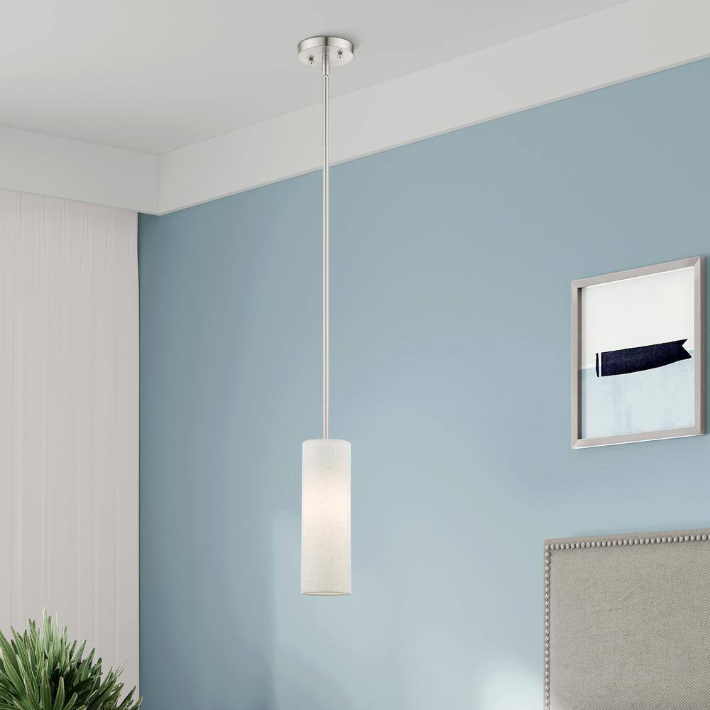 Contemporary Brushed Nickel Mini Pendant with Oatmeal Fabric Shade