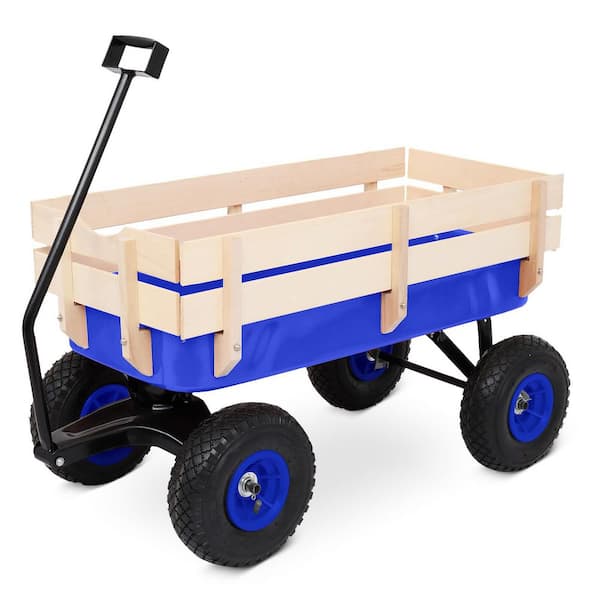 2.8 cu. ft. Outdoor Steel Wagon Garden Cart with Wood Side Panels in Blue