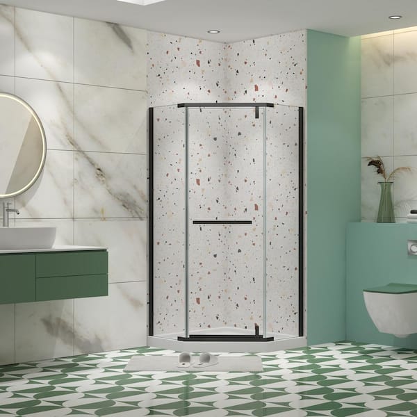 TOOLKISS 34.75 in. W x 72 in. H Neo-Angle Pivot Semi Frameless Corner Shower Enclosure in White with Clear Glass