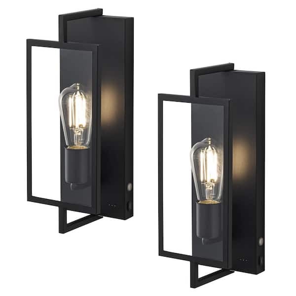 1-Light Black Chargeable Adjustable Brightness Indoor Wall Light with Glass Shade(2-Pack)
