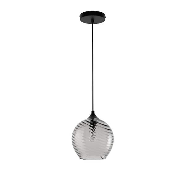 aiwen 8.07 in. Modern 1-Light Black Pendant Light Water Ripple Hanging Ceiling Lighting with Striped Swirl Glass Shade