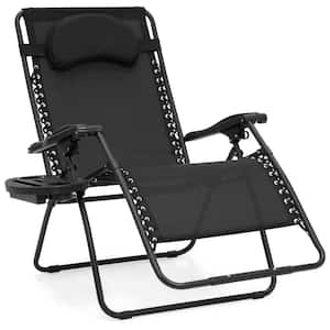 Oversized Zero Gravity Folding Reclining Black Fabric Outdoor Lawn Chair w/Cup Holder