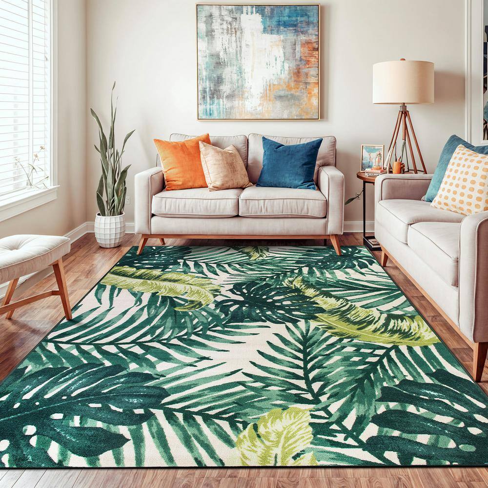 Large Green and White Synthetic Tropical Floral Area Rug