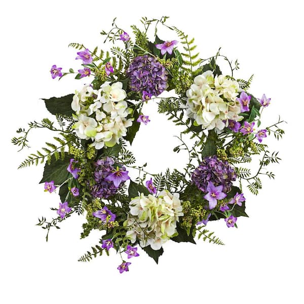 Nearly Natural 24 in. Indoor Artificial Hydrangea Berry Wreath