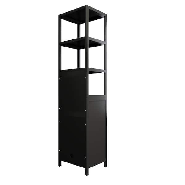 16.54 in. W x 12.99 in. D x 64.76 in. H Black Bamboo Freestanding Linen Cabinet with Concealed Hinges