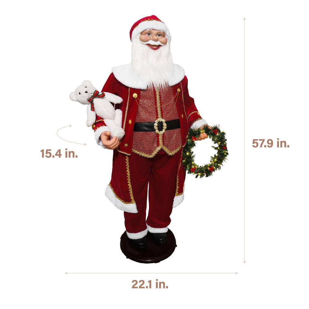 58" Red Velvet Dancing Santa with Bear and Wreath