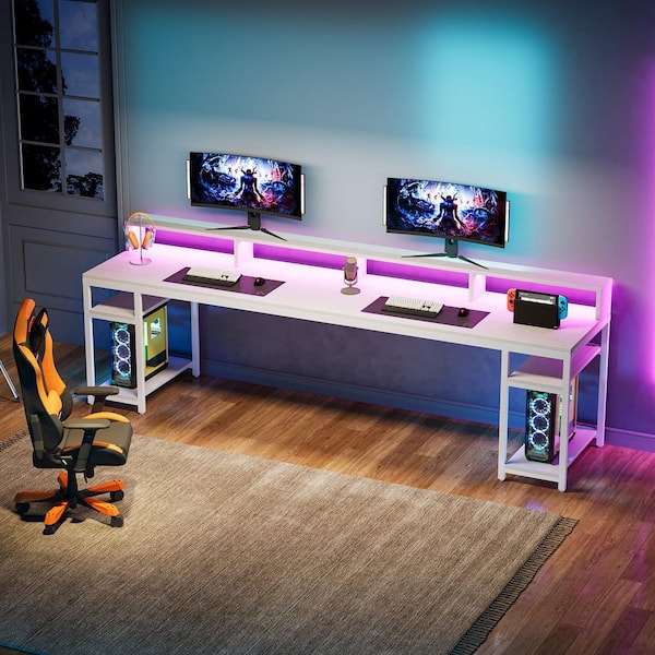 BYBLIGHT Moronia 78.7 in. Rectangular White Engineered Wood 2-Person Computer Desk with Monitor Stand and Shelves