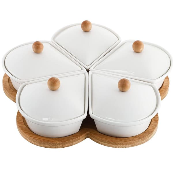 Ceramic Divided Serving Dishes with Lids & Bamboo Platter, 5-Compartment Removable Dipping Bowls Relish Tray, White