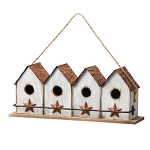17 in. L Washed White Distressed Solid Wood 4-Room Villa Garden Birdhouse with Perch (KD)