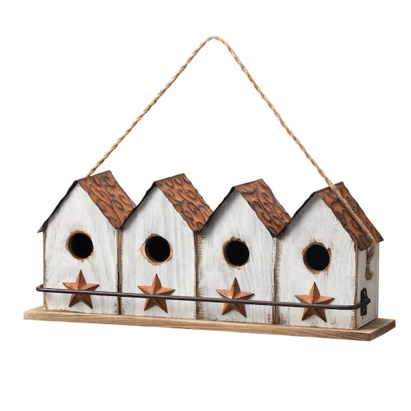 Glitzhome 17 in. L Washed White Distressed Solid Wood 4-Room Villa Garden Birdhouse with Perch (KD)