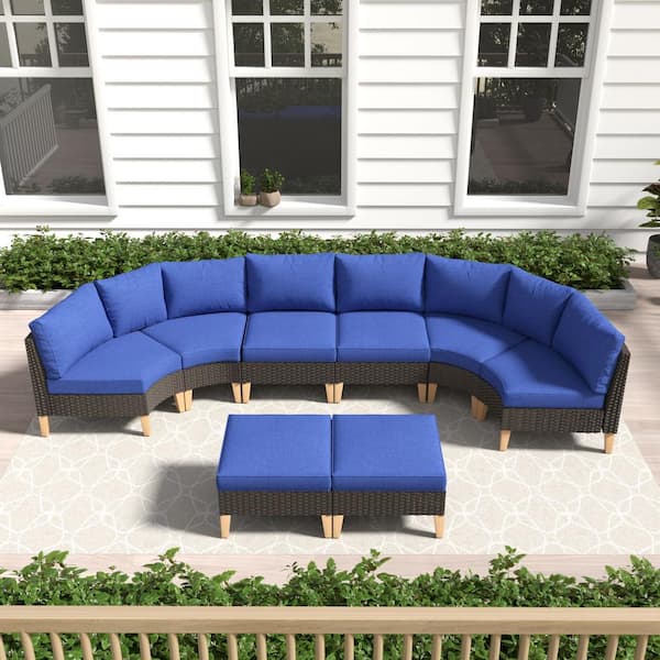 Gymojoy Chic Relax Brown Wicker 6 Seat 6 Pieces Outdoor Sectional Set with CushionGuard Blue Cushions