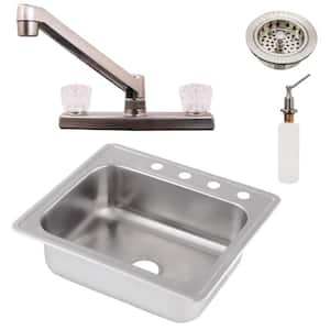25 in. Drop in Undermount Single Bowl 18-Gauge 304 Stainless Steel Kitchen Sink with Double Handle Faucet, Satin Nickel