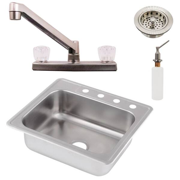 Westbrass 25 in. Drop in Undermount Single Bowl 18-Gauge 304 Stainless Steel Kitchen Sink with Double Handle Faucet, Satin Nickel