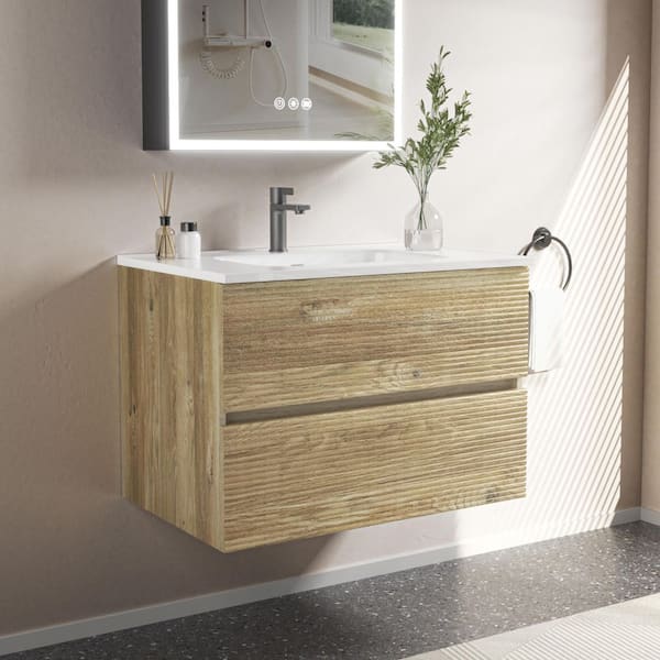 FAMYYT 24 in. Modern Single Sink Floating Rough Oak Bath Vanity with White Ceramic Top