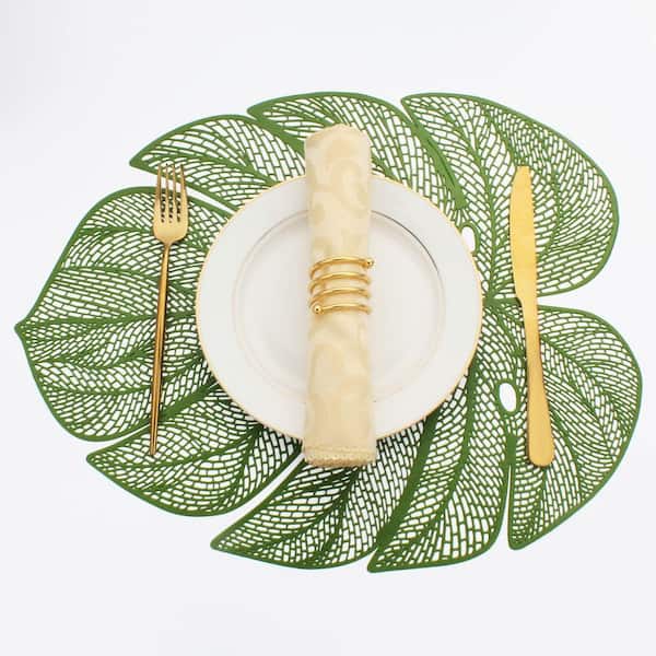 17.7 in. x 13.8 in. Green Leaf Shaped Metallic Vinyl Placemats Set, Table Mats for Dinner Table Decoration (Set of 8)
