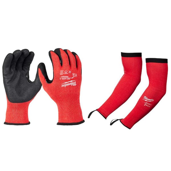 Milwaukee Small Red Nitrile Level 3 Cut Resistant Gloves with 16 in. Red 4-Way Stretch Cut 3 Resistant Protective Arm Sleeves
