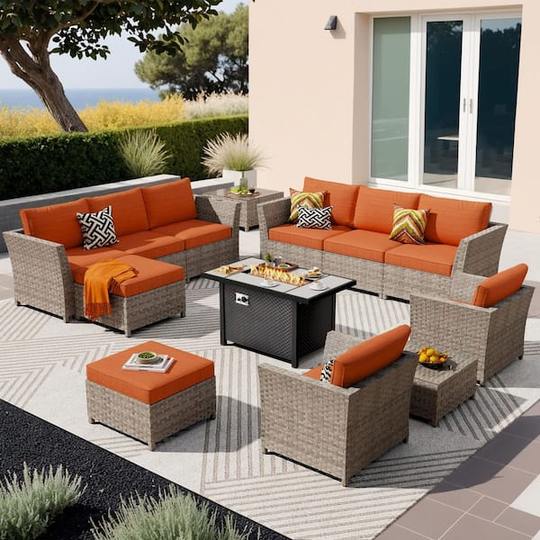 Lounge 13 Pieces Wicker Outdoor Patio Rectangular Fire Pit Set with Orange Red Cushions