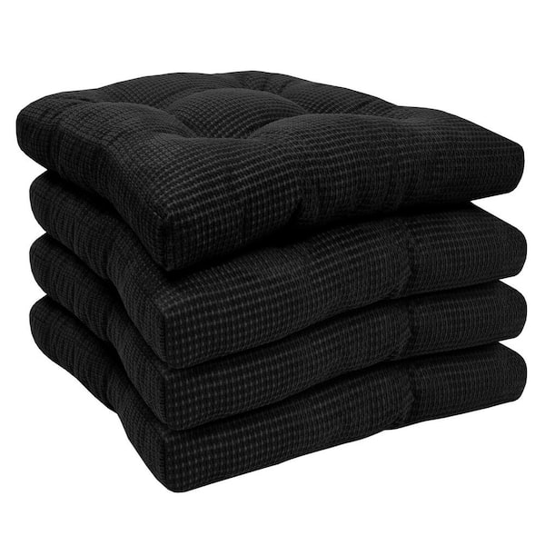 Sweet Home Collection Fluffy Tufted Memory Foam Square 16 in. x 16 in. Non-Slip Indoor/Outdoor Chair Cushion with Ties, Black (4-Pack)