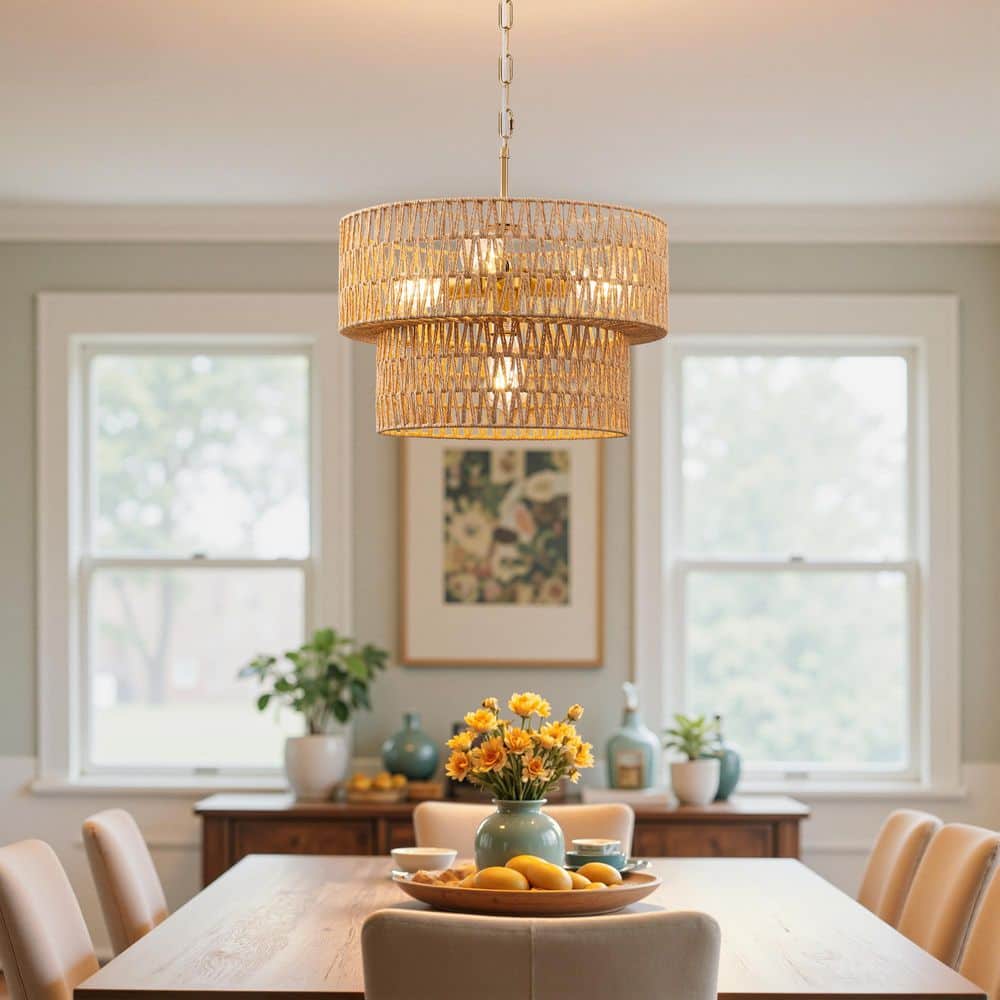 EDISHINE 4-Light Yellow Boho Rattan Chandelier Hanging Light for Dining Room Kitchen Island, Living Room, Foyer