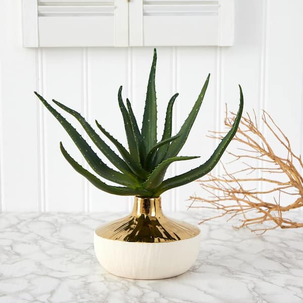 Nearly Natural 12 in. Aloe Succulent Artificial Plant in Gold and Cream Elegant Planter