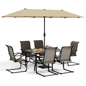 Black 8-Piece Metal Patio Outdoor Dining Set with Wood Finish Table, Umbrella and Textilene C-Spring Chairs