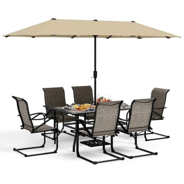 PHI VILLA Black 8-Piece Metal Patio Outdoor Dining Set with Wood Finish Table, Umbrella and Textilene C-Spring Chairs