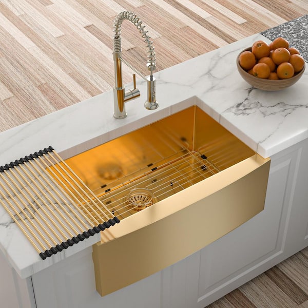 30 in. in Farmhouse Apron Front Single Bowl 16-Gauge Gold Stainless Steel Kitchen Sink with Bottom Grids