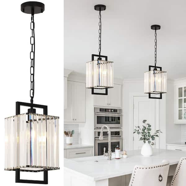 60-Watt 1-Light Black Mini Pendant Light with Crystal Shade with Adjustable Chain for Kitchen Island