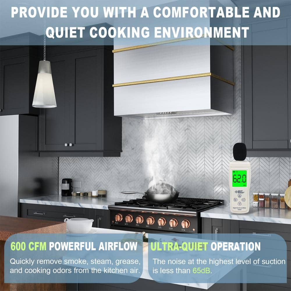 30" Brushed Stainless Steel and Gold Wall Mount Range Hood