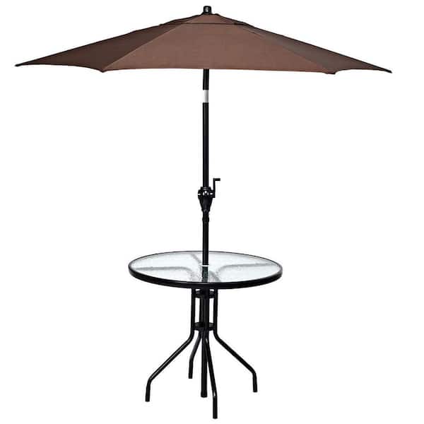 Casainc 32 In Black Round Metal Outdoor Dining Table With Umbrella Hole And Tempered Glass Top Wf Op3685 The Home Depot - Round Patio Table With Umbrella Hole Set