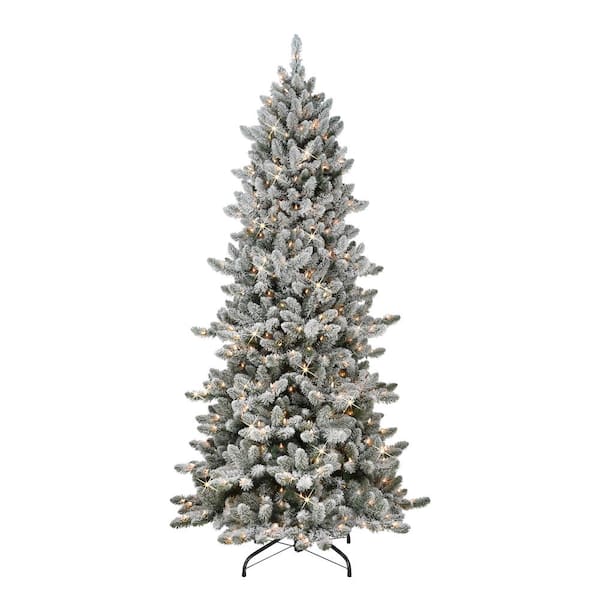 Puleo International 7.5 ft. Prelit Slim Flocked Royal Majestic Spruce Artificial Christmas Tree