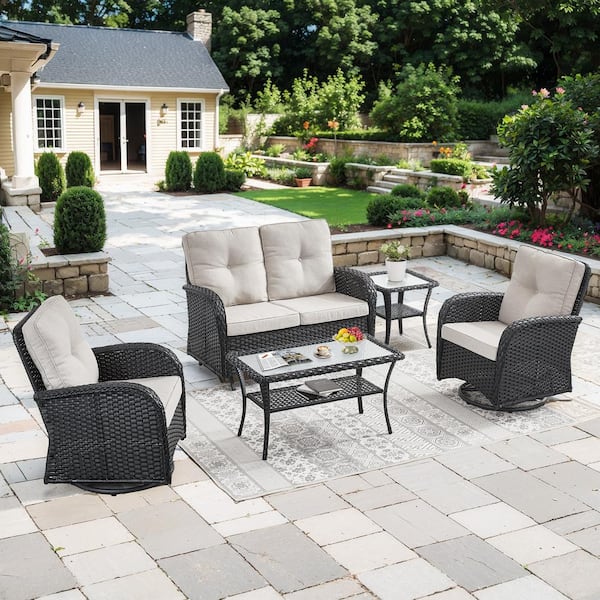 Gymojoy Carlos Black 5-Piece Glider Set Wicker Patio Conversation Set Outdoor Swivel Chair Set with Beige Cushion Guard Cushions