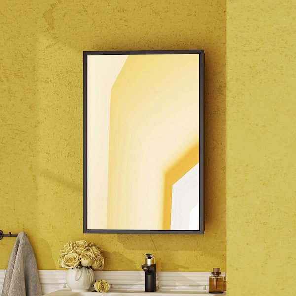 16 in. W x 24 in. H Rectangular Black Metal Framed Medicine Cabinet with Mirror