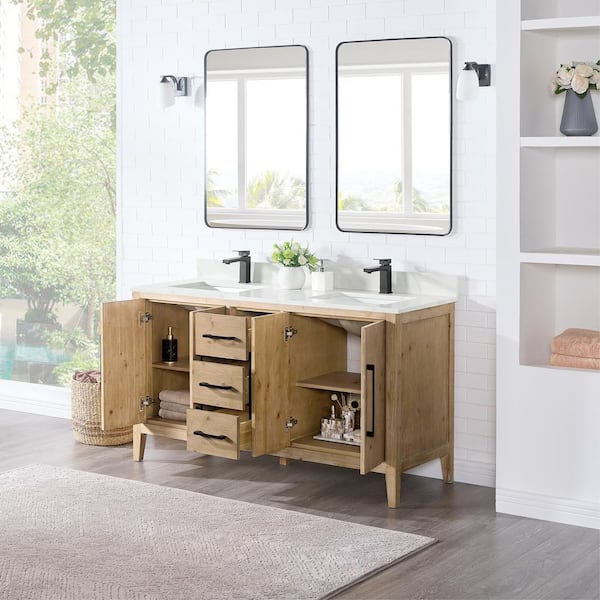 Laurel 60 in. W x 22 in. D x 34 in. H Double Sink Bath Vanity in Weathered Fir with White Quartz Top and Mirror