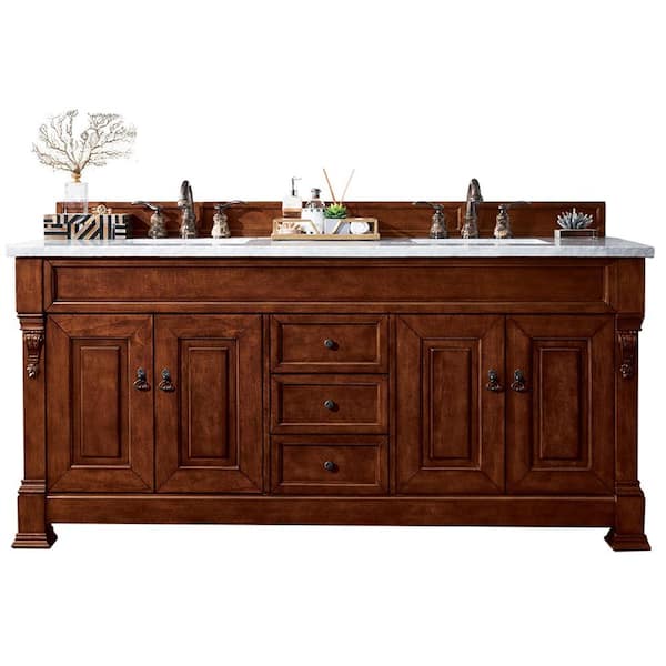 James Martin Vanities Brookfield 72 in. W x 23.5 in. D x 34.3 in. H Double Bath Vanity in Warm Cherry with Carrara White Top